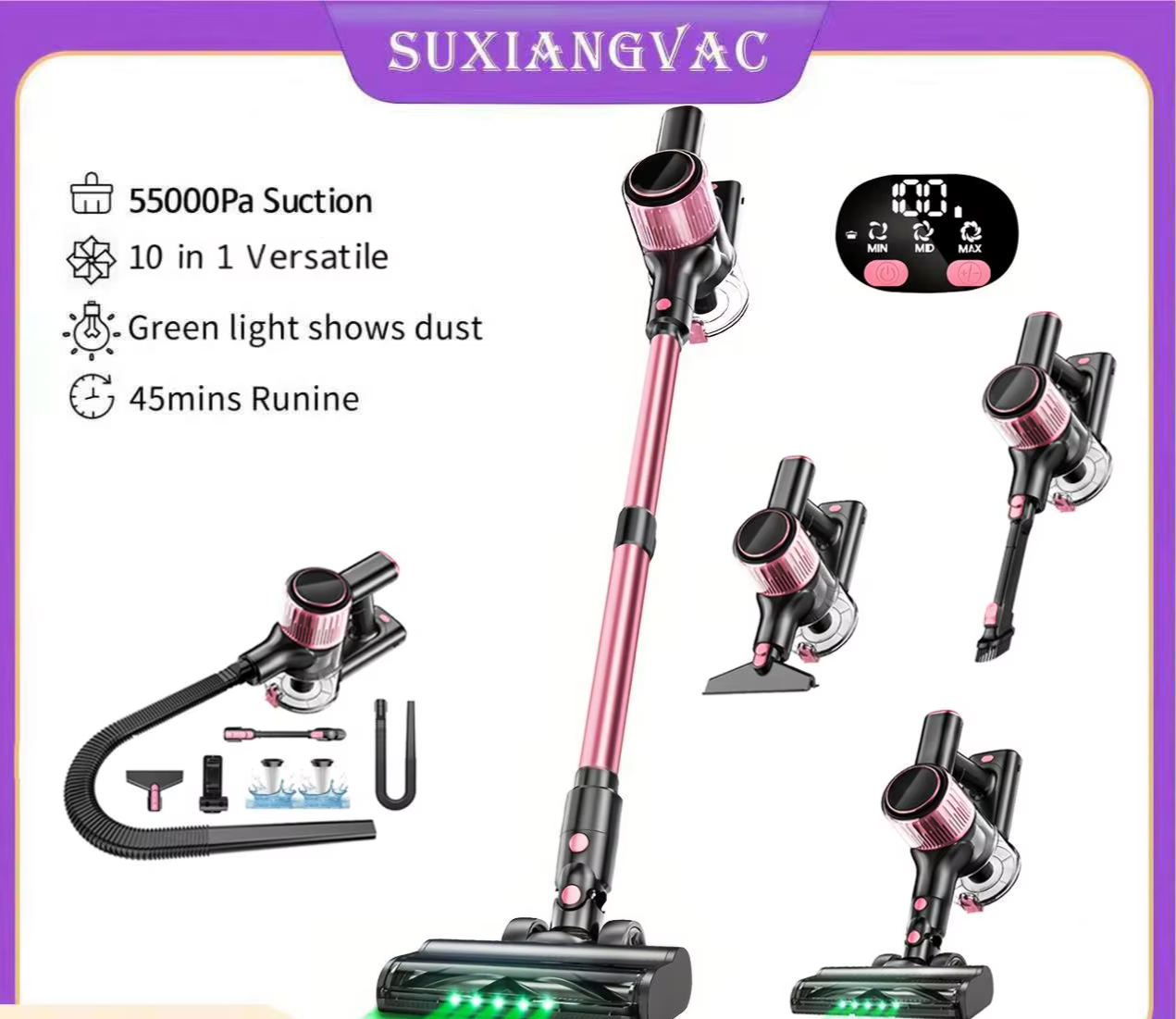 Cordless Vacuum Cleaner, 55Kpa/500W/45min 10 in 1 Powerful Stick Vacuum Cleaner for Home Pet Hair/Hard Floor/Carpet