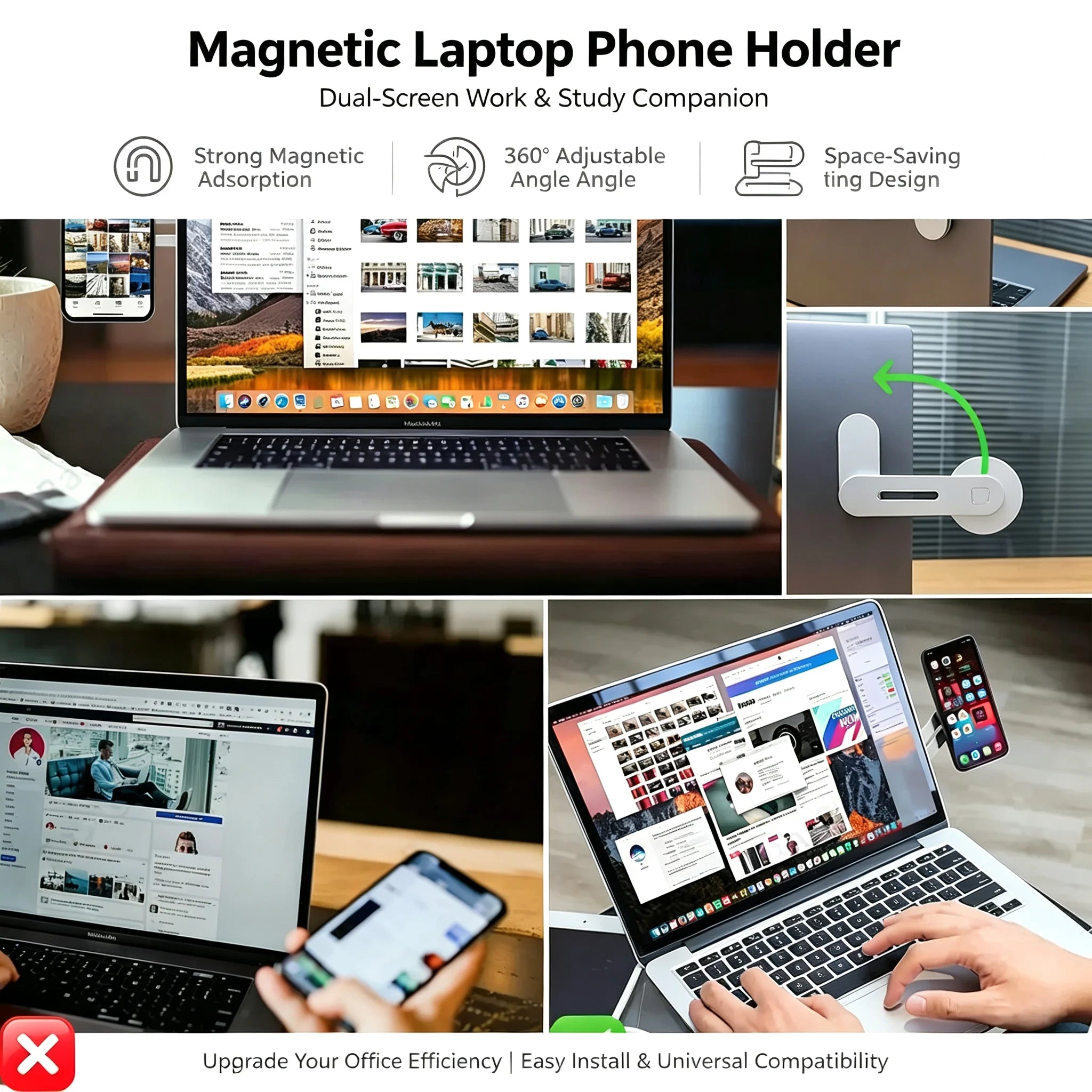 Magnetic Laptop Phone Mount – Foldable Side Monitor Screen Extender Bracket
