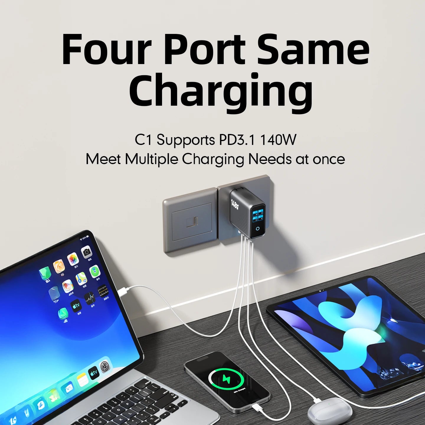 148W GaN Multi-Port Wall Charger with Digital Display – 4 USB-C & 1 USB-A Fast Charging Adapter