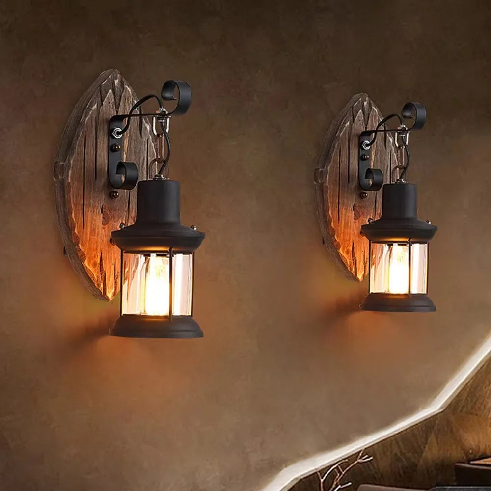 JOYINLED Metal, Glass and Wood Base Wall Sconce, Industrial Vintage LED Wall Lamp for Cafe Bar Restaurant Living Room