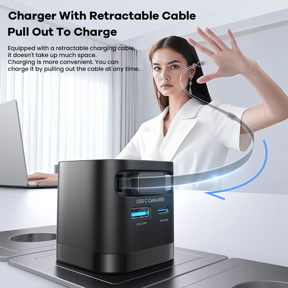 65W GaN 3-Port Fast Charger with Built-In Retractable Type-C Cable (PD3.0 / QC4.0 / PPS)