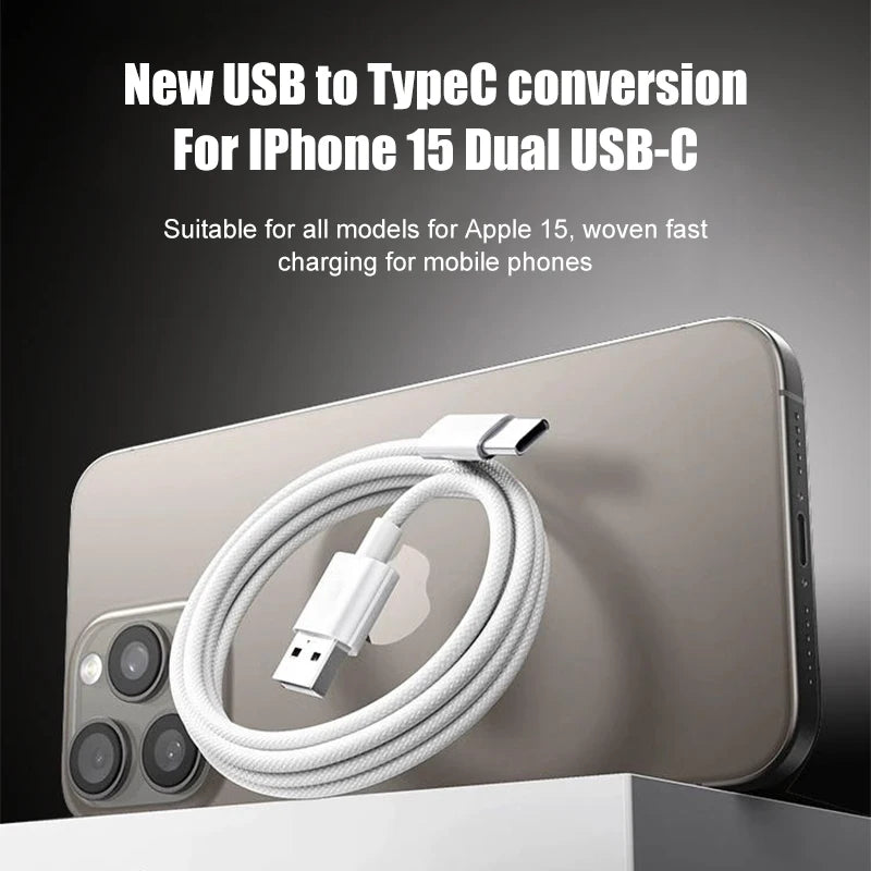 60W USB-A to Type-C Fast Charging Braided Data Cable for iPhone & Type-C Devices