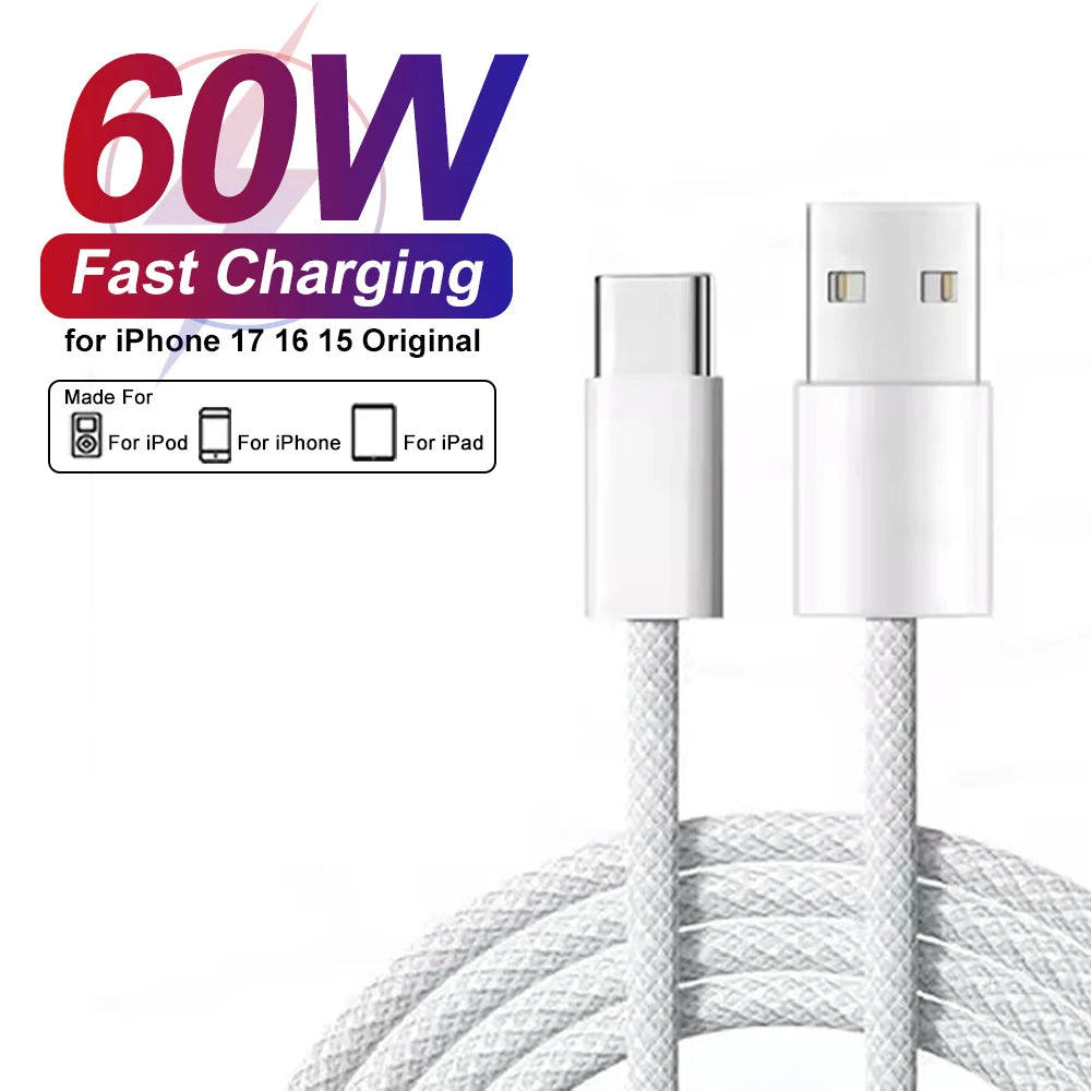60W USB-A to Type-C Fast Charging Braided Data Cable for iPhone & Type-C Devices