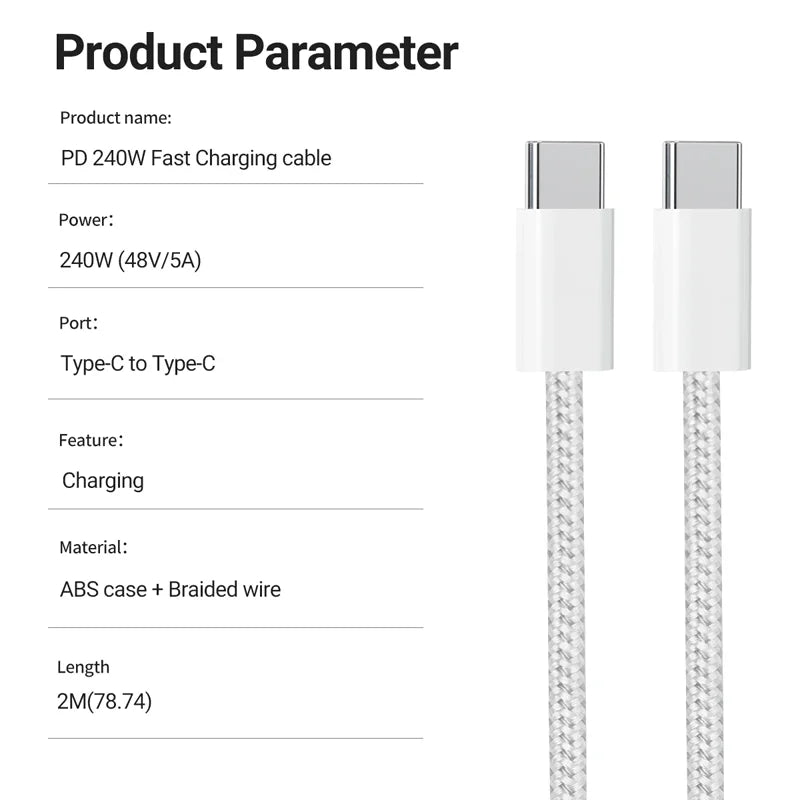 240W Heavy-Duty USB-C to USB-C Braided Fast Charging Cable for iPhone, iPad, & Laptops
