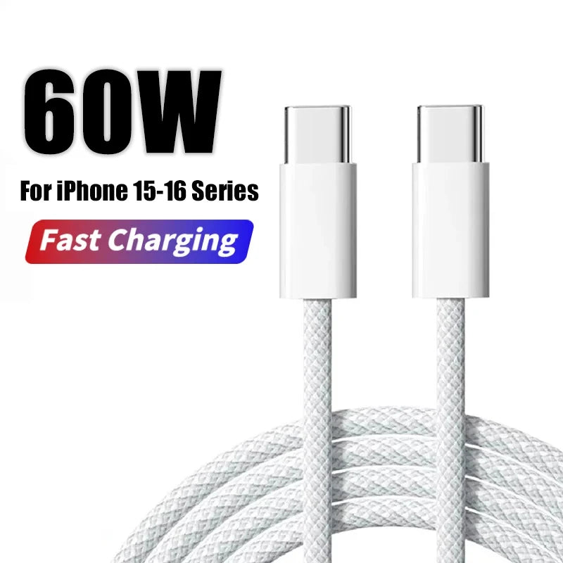 60W USB-A to Type-C Fast Charging Braided Data Cable for iPhone & Type-C Devices
