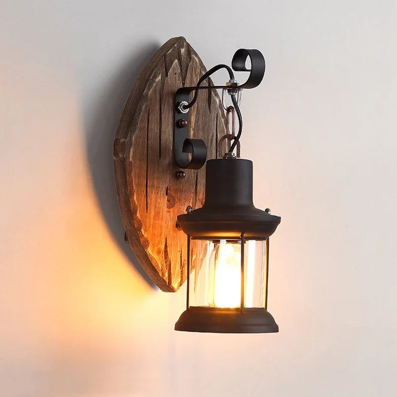 JOYINLED Metal, Glass and Wood Base Wall Sconce, Industrial Vintage LED Wall Lamp for Cafe Bar Restaurant Living Room