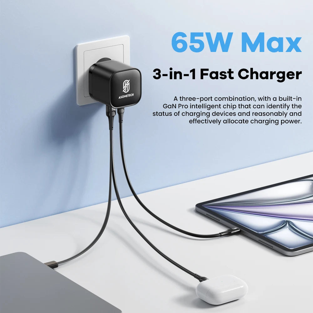 65W GaN 3-Port Fast Charger with Built-In Retractable Type-C Cable (PD3.0 / QC4.0 / PPS)
