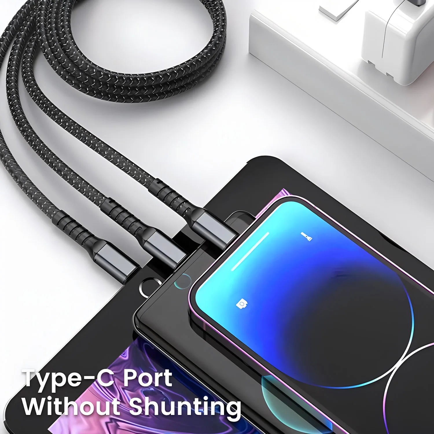 100W 3-in-1 Multi-Charging Cable – Braided Universal USB Fast Charge Cord with Type-C & Micro-USB
