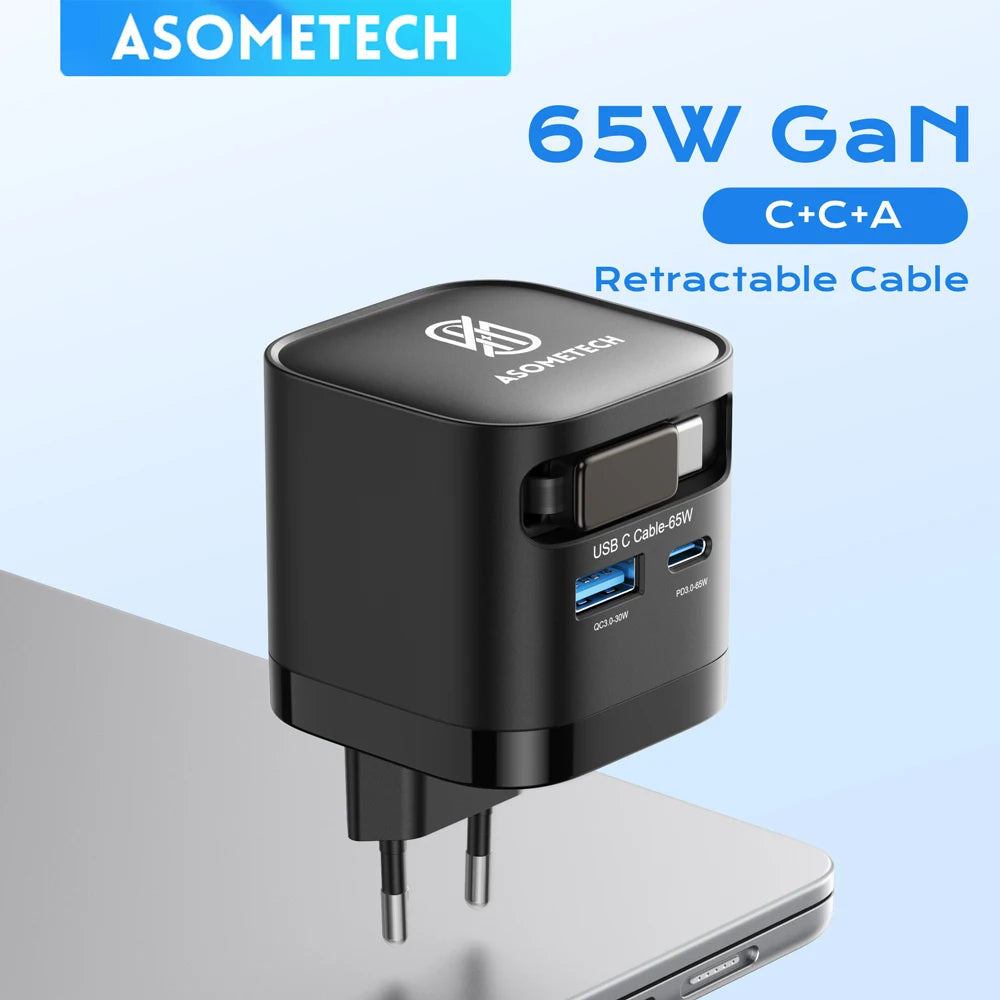 65W GaN 3-Port Fast Charger with Built-In Retractable Type-C Cable (PD3.0 / QC4.0 / PPS)