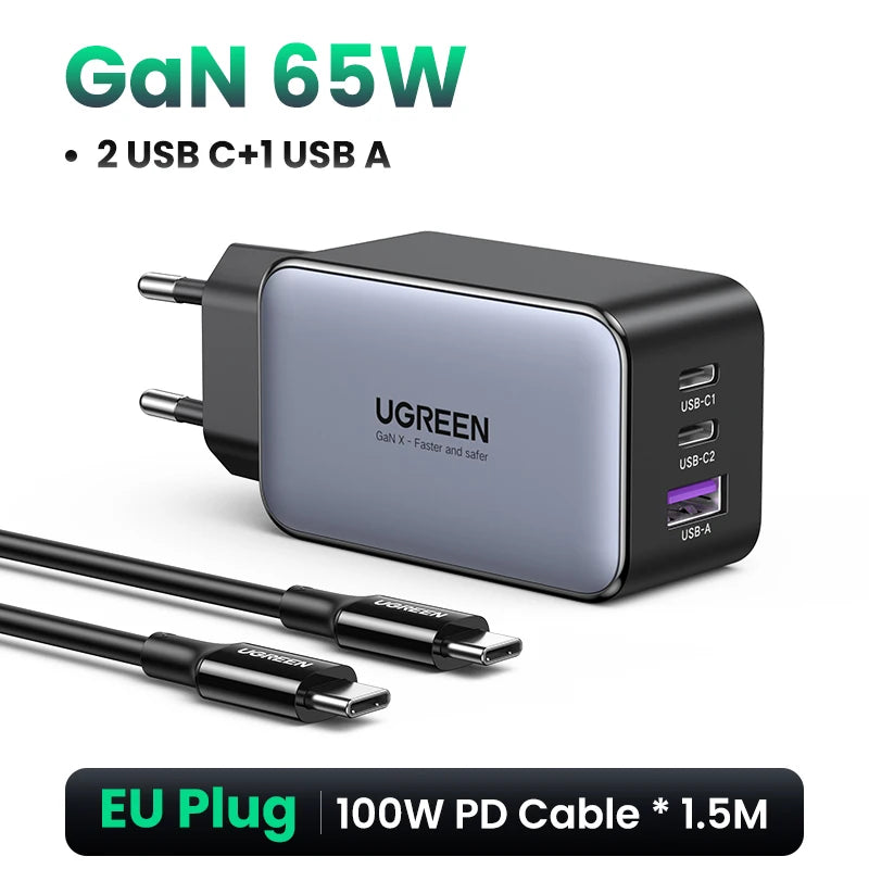 UGREEN 65W GaN Fast Charger – Multi-Port USB-C PD Wall Charger for Laptops & iPhones