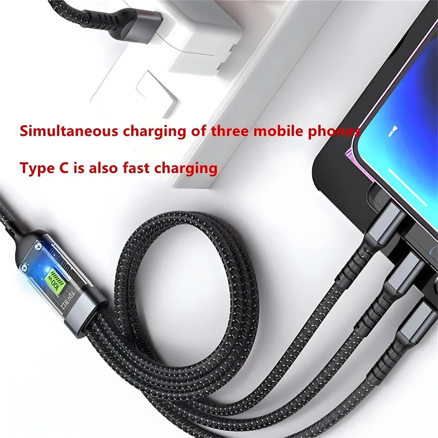 100W 3-in-1 Multi-Charging Cable – Braided Universal USB Fast Charge Cord with Type-C & Micro-USB