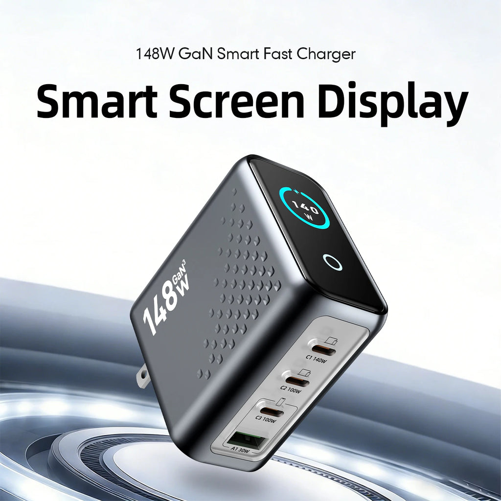 148W GaN Multi-Port Wall Charger with Digital Display – 4 USB-C & 1 USB-A Fast Charging Adapter