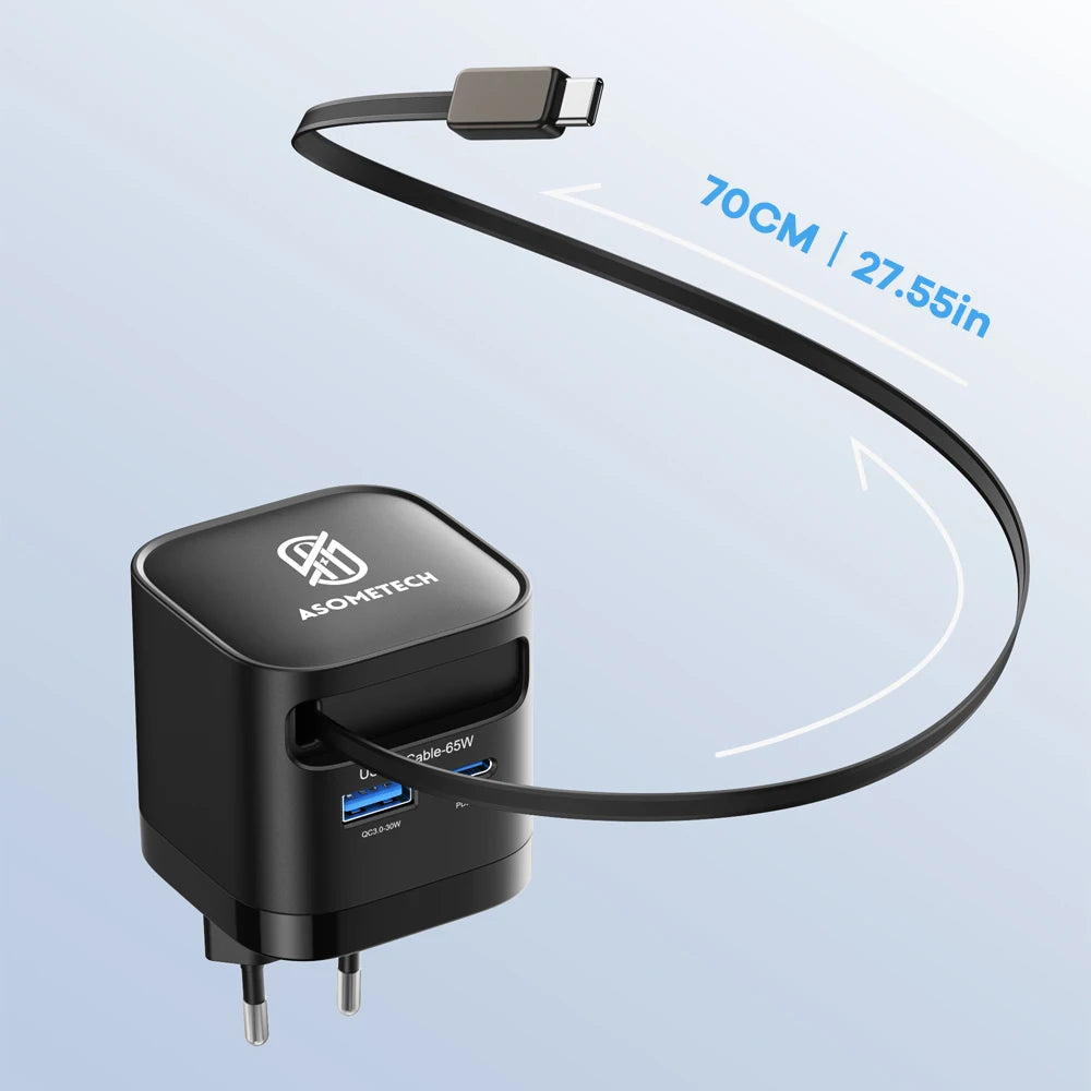 65W GaN 3-Port Fast Charger with Built-In Retractable Type-C Cable (PD3.0 / QC4.0 / PPS)