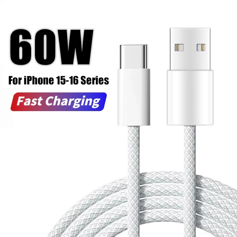60W USB-A to Type-C Fast Charging Braided Data Cable for iPhone & Type-C Devices