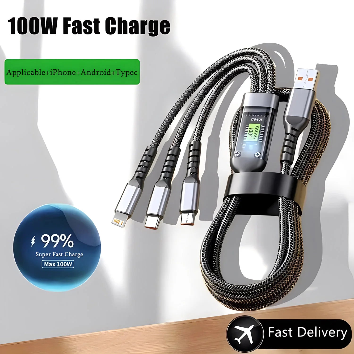 100W 3-in-1 Multi-Charging Cable – Braided Universal USB Fast Charge Cord with Type-C & Micro-USB