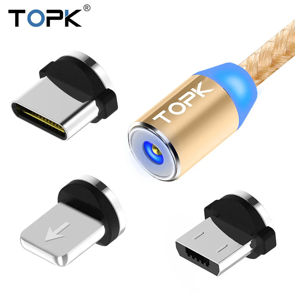Magnetic Charging Cable 3 IN 1 TOPK 360 Degree Rotating Magnetic Phone Charger Cable Nylon Braided Magnetic Micro USB C Cable