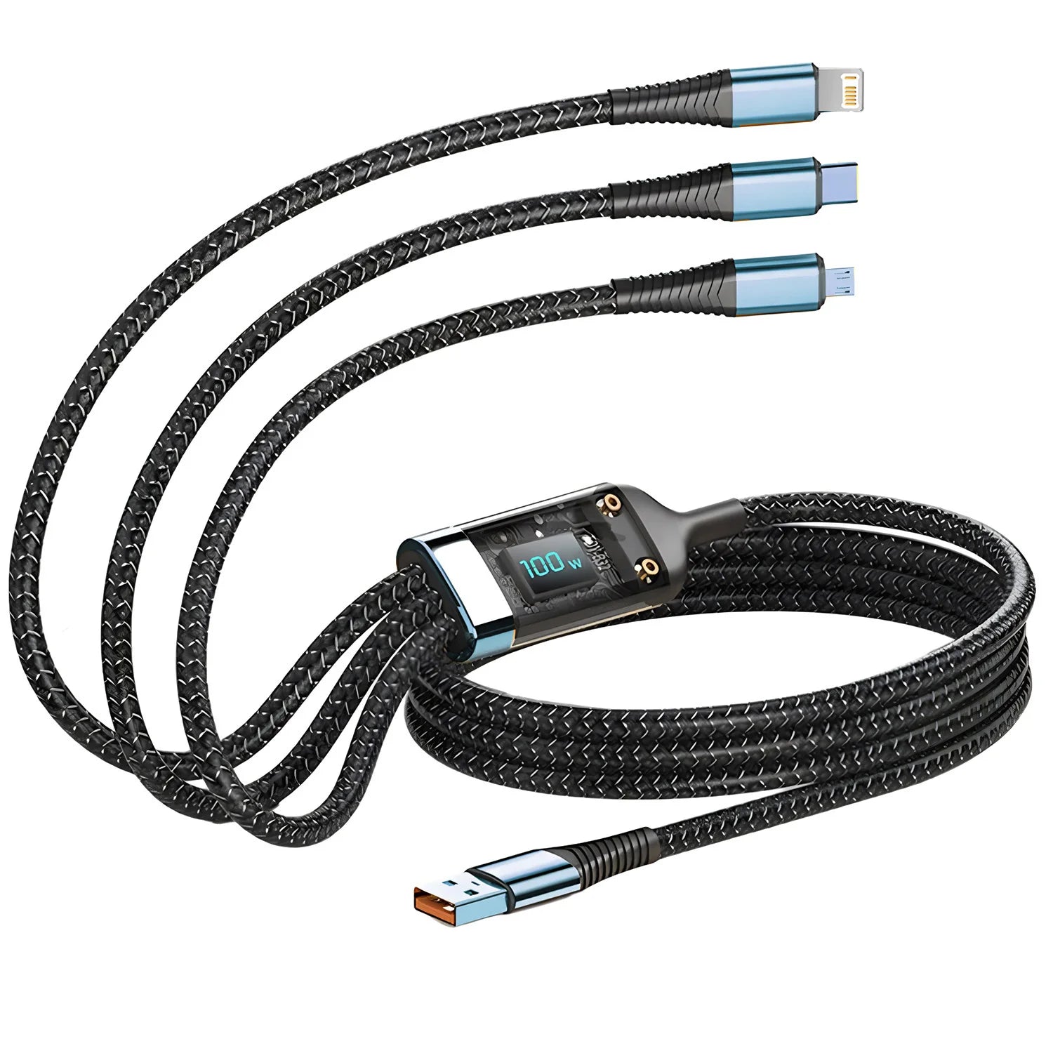 100W 3-in-1 Multi-Charging Cable – Braided Universal USB Fast Charge Cord with Type-C & Micro-USB