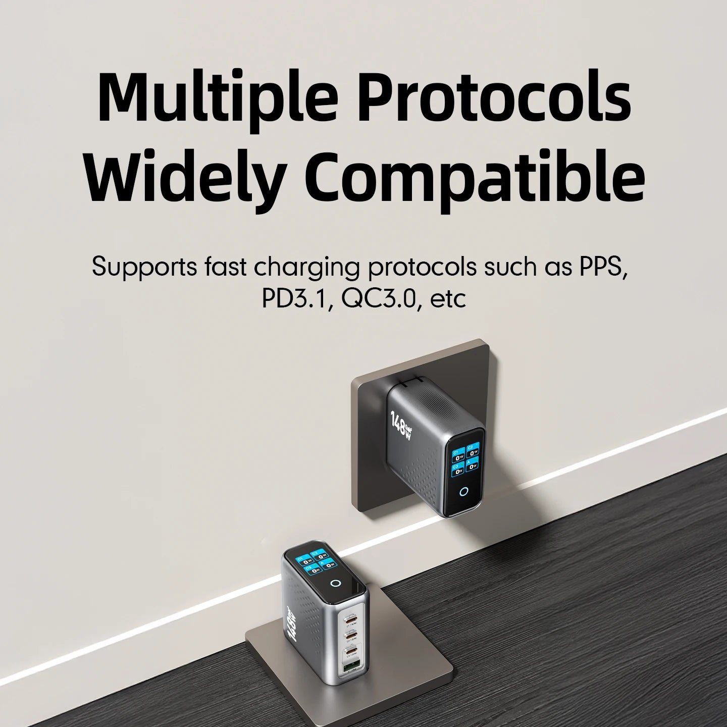 148W GaN Multi-Port Wall Charger with Digital Display – 4 USB-C & 1 USB-A Fast Charging Adapter