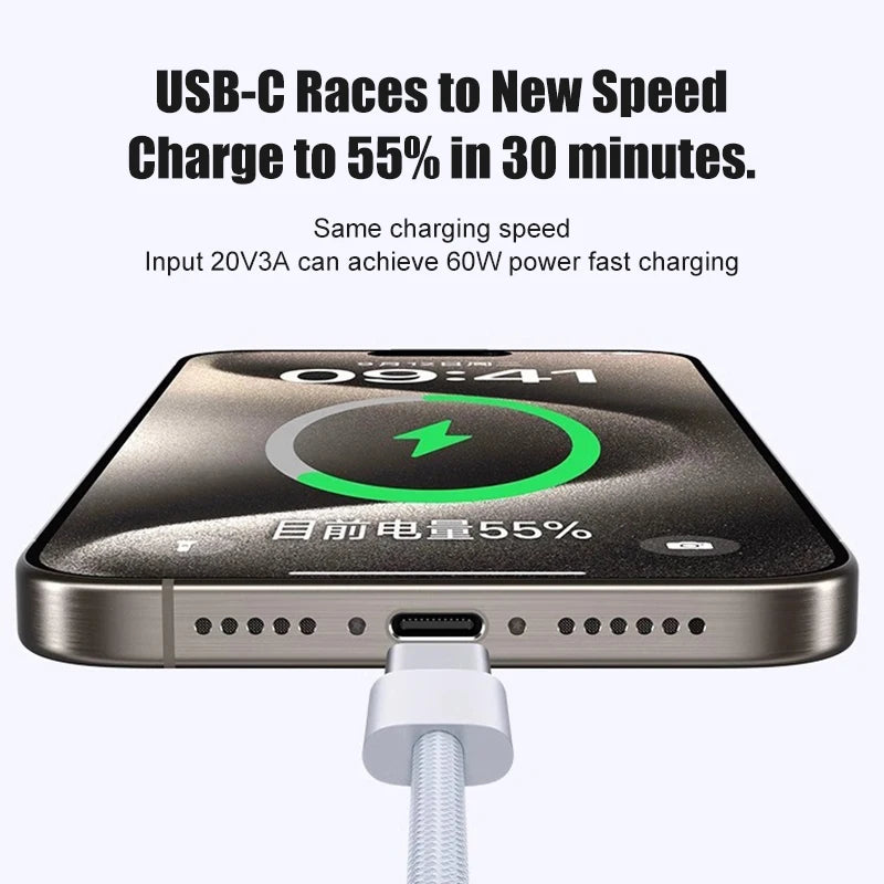 60W USB-A to Type-C Fast Charging Braided Data Cable for iPhone & Type-C Devices