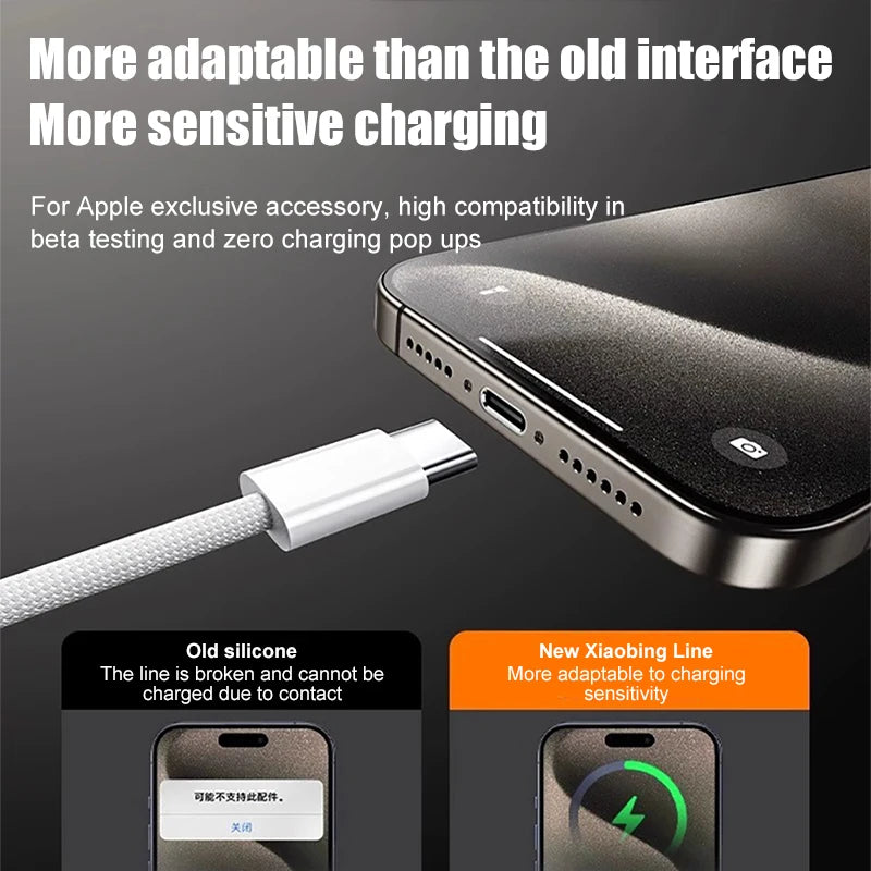 60W USB-A to Type-C Fast Charging Braided Data Cable for iPhone & Type-C Devices
