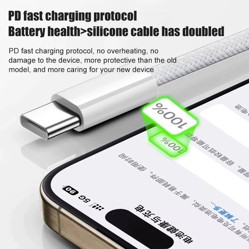 60W USB-A to Type-C Fast Charging Braided Data Cable for iPhone & Type-C Devices